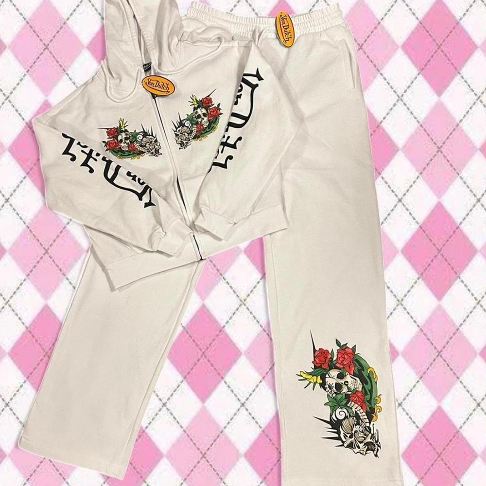 Von Dutch White Jumpsuit with Skull and Rose Design